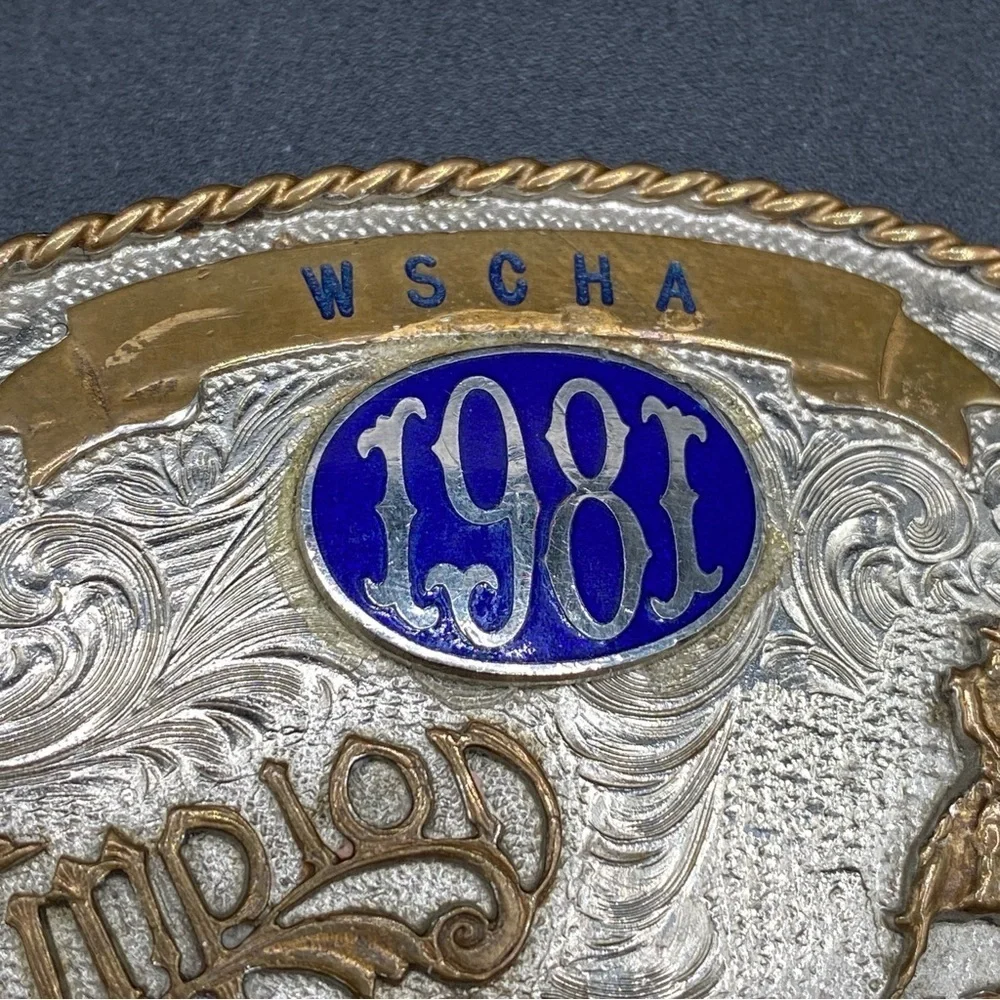 Vintage Large Silver Belt Buckle Authentic 1981 Champion Calf Roping WSCHA 🇺🇸